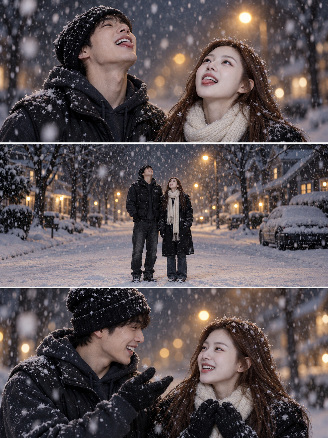 暖路灯下雪夜情侣三联画 — AI image creation