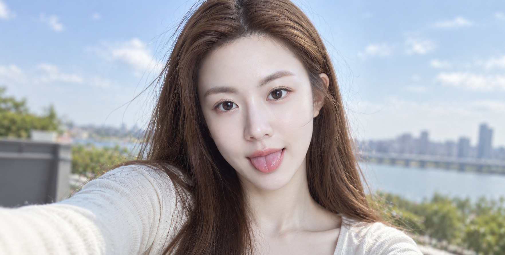 微风中的浅棕长发成年女性俏皮自拍 — AI image creation