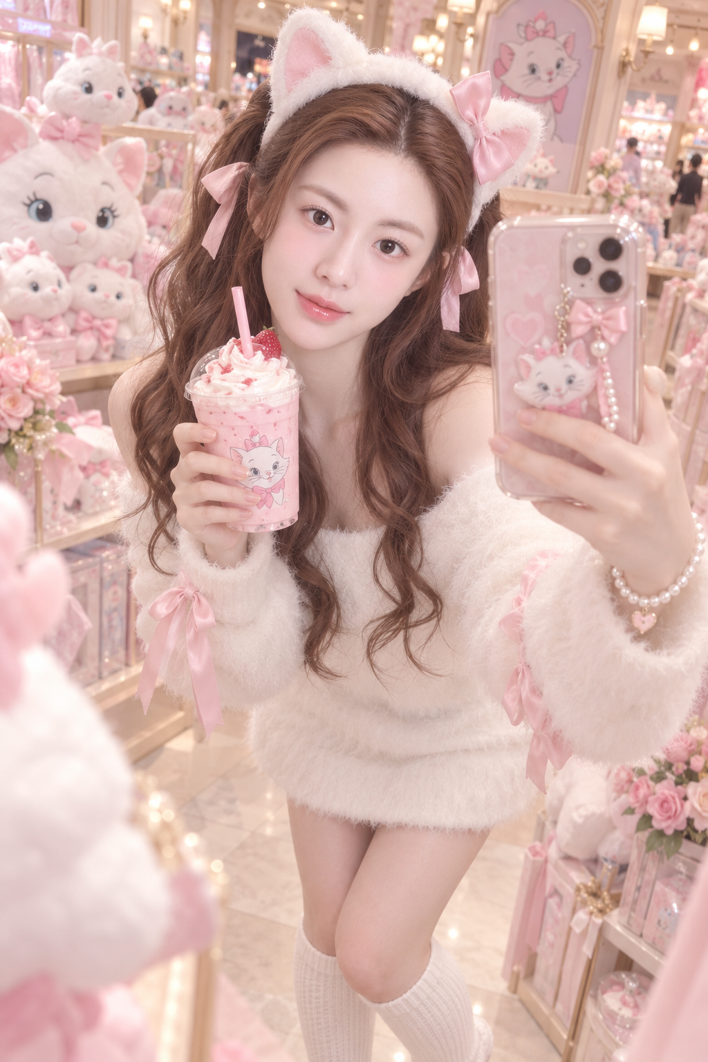 Selfie miroir dans une boutique pastel en peluche