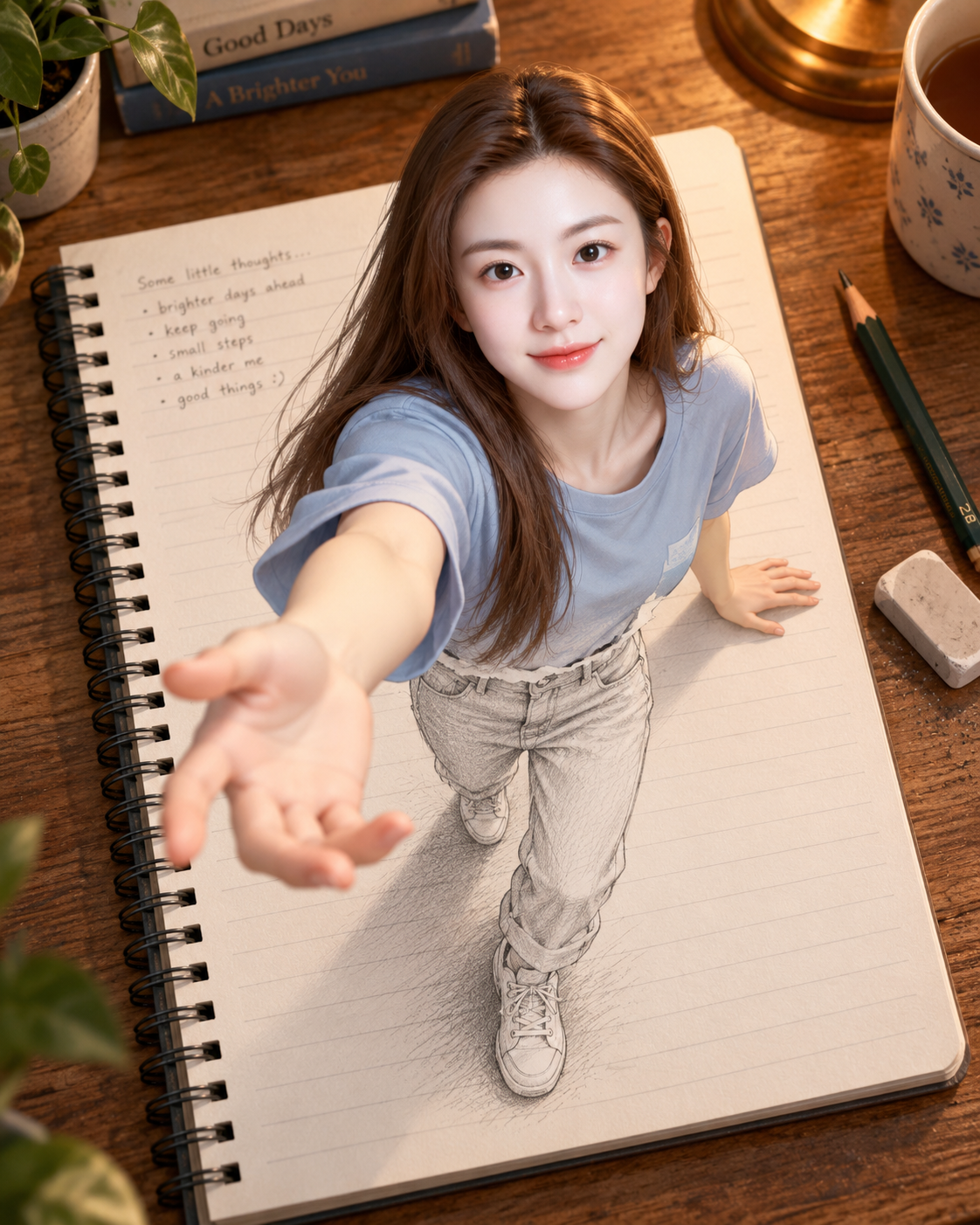 成年人物跃出笔记本的3D错觉画 — AI image creation