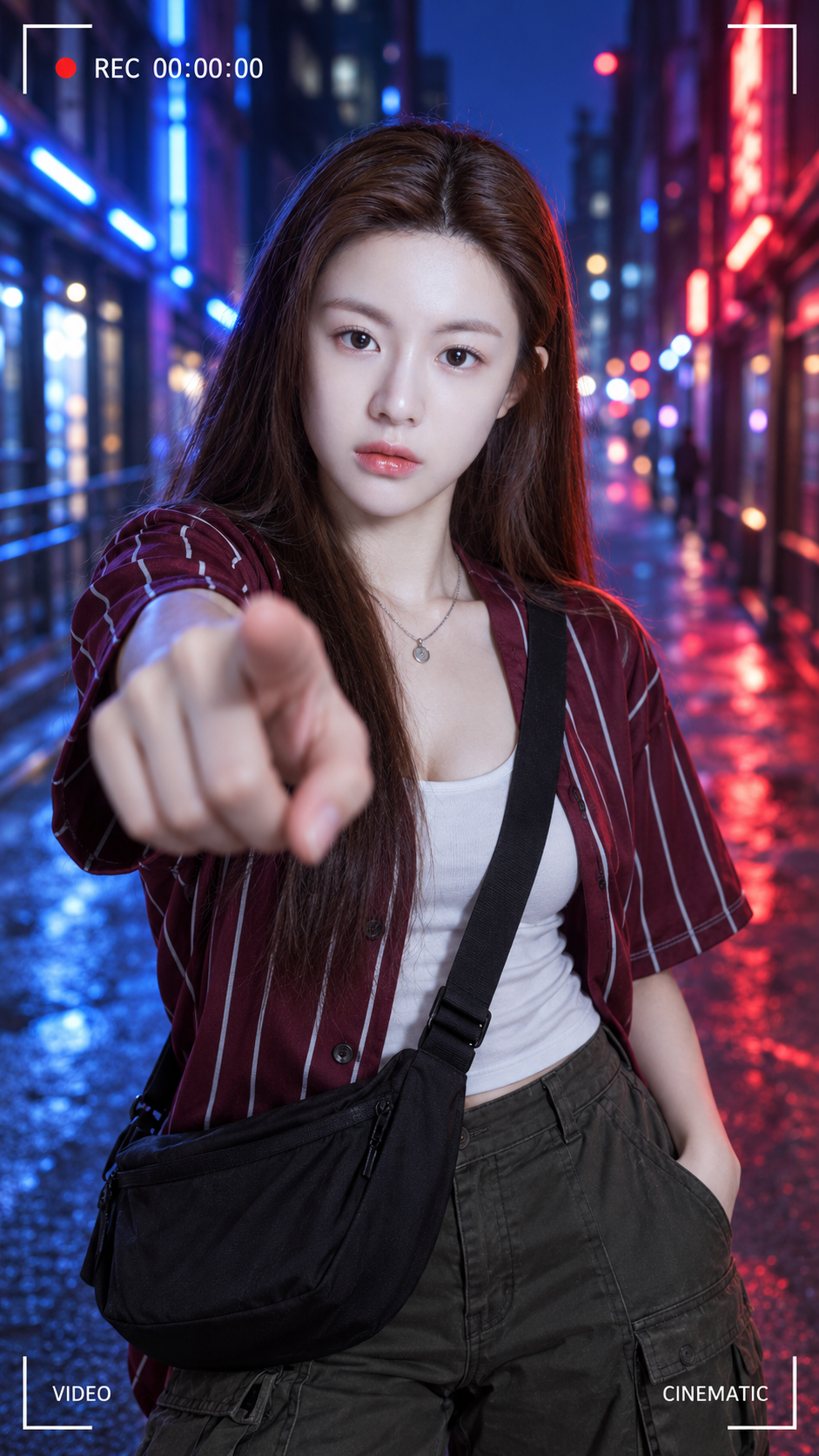네온 거리에서 휴대폰으로 촬영한 성인 여성 초상