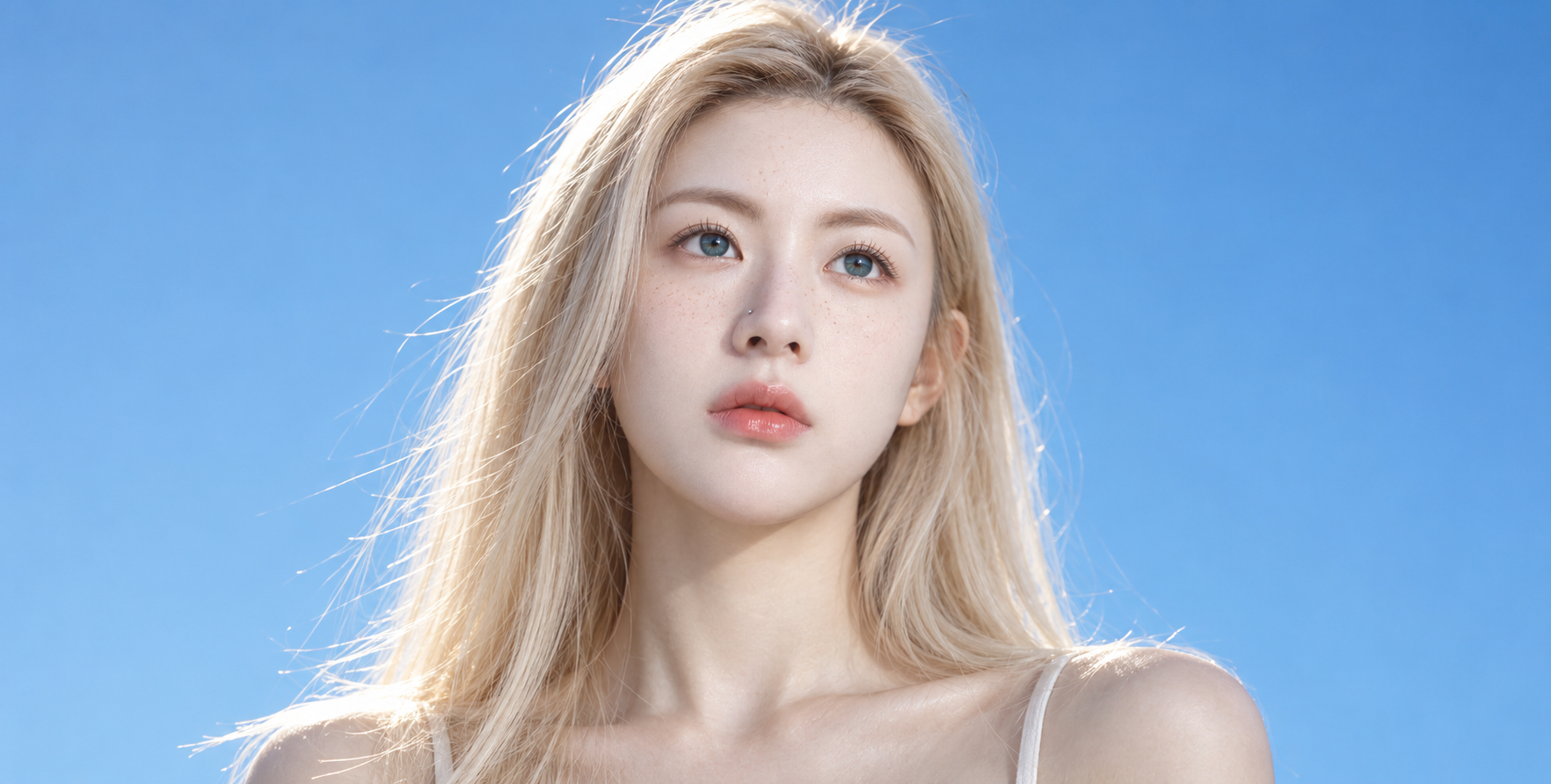 蓝天下铂金金发成年女性近景肖像 — AI image creation