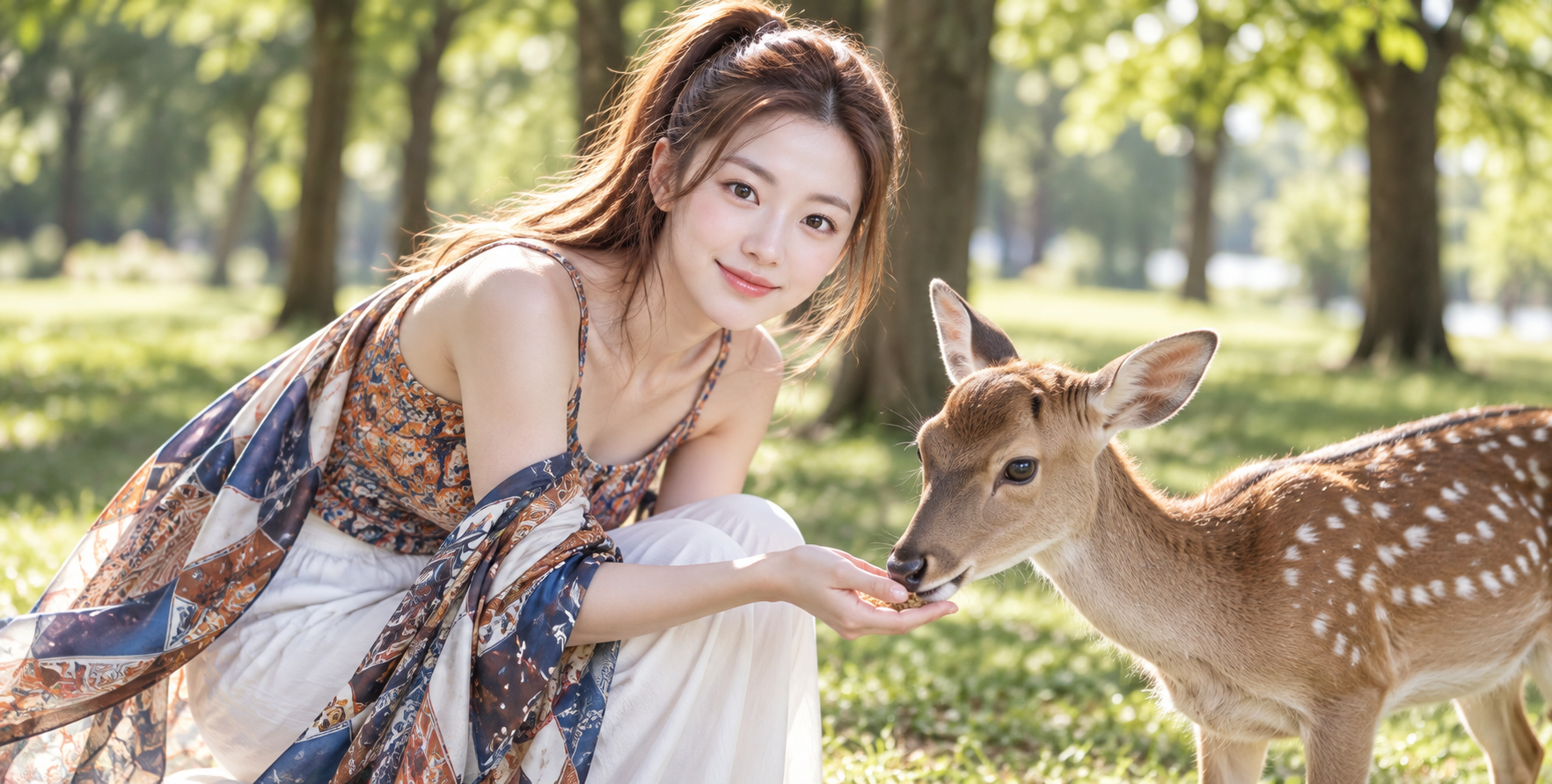 夏日暖阳中成年女子与小鹿的温柔互动 — AI image creation