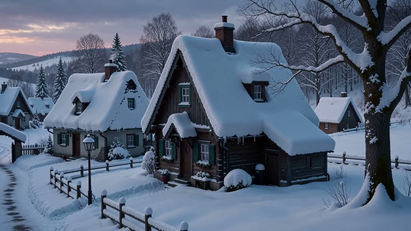 Crépuscule dans un village enneigé