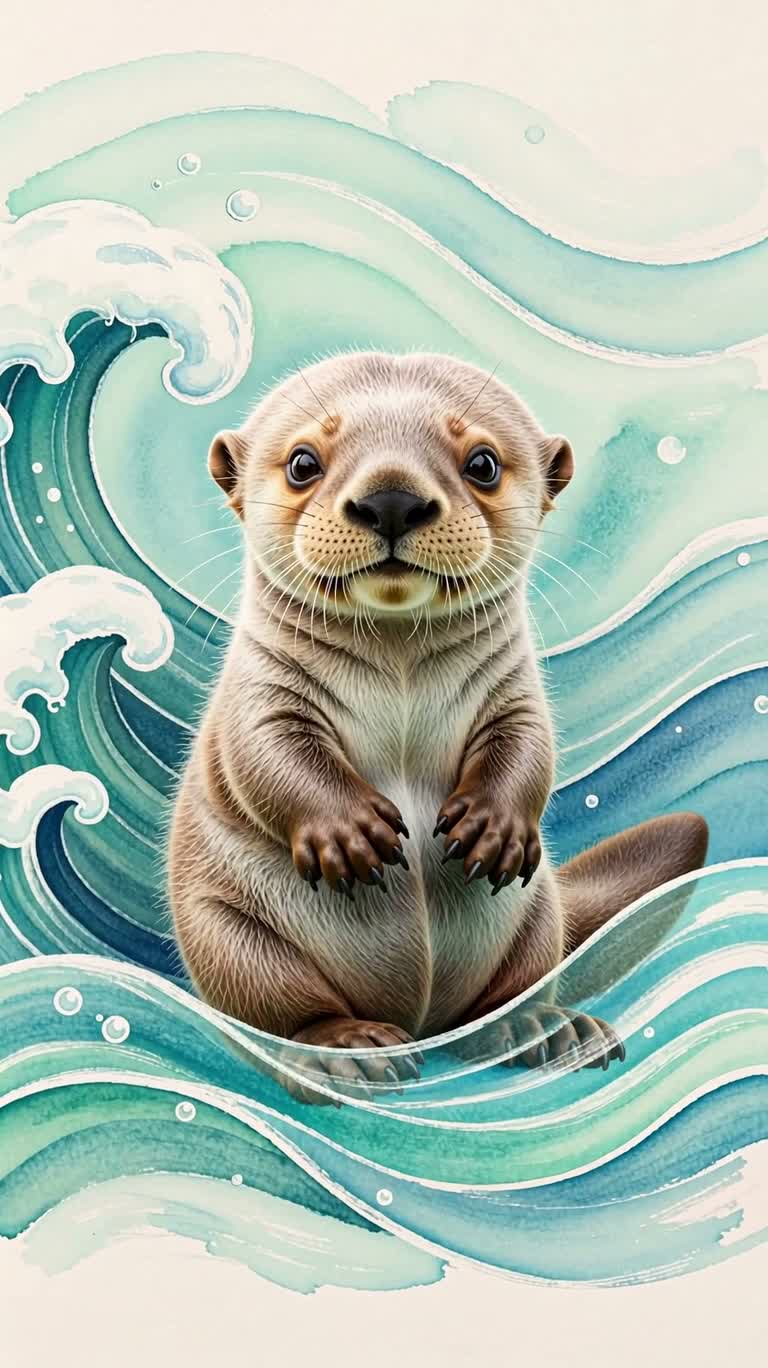 彩铅海浪中的萌趣小海獭