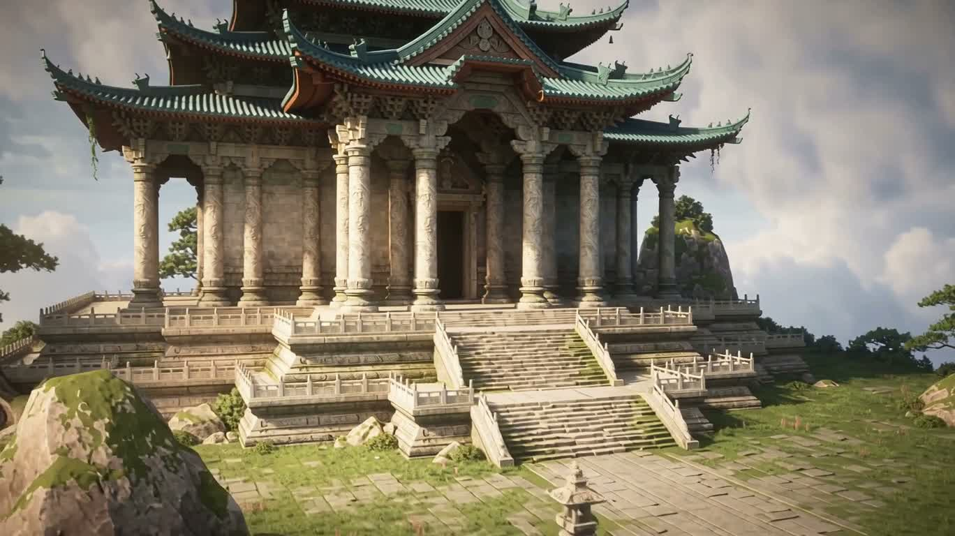 Temple ancien sur une île flottante dans une mer de nuages