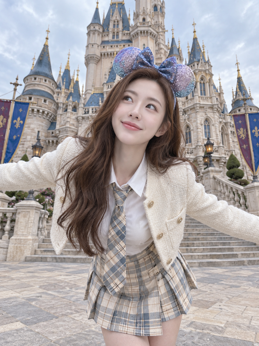 おとぎ話の城の前で大人の女性が夢見る旅のスナップ