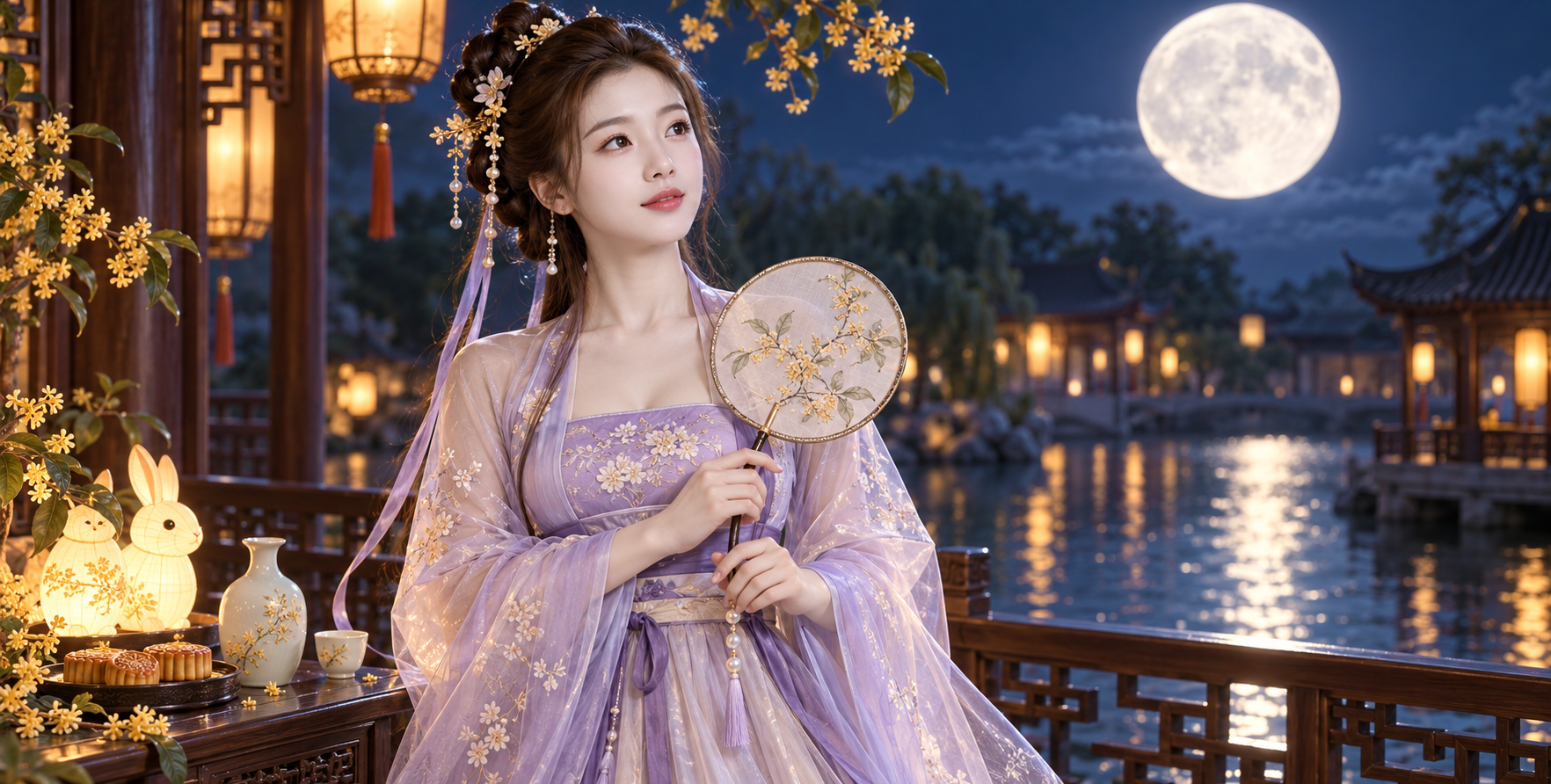 中秋月下临水亭台的唐风汉服人像