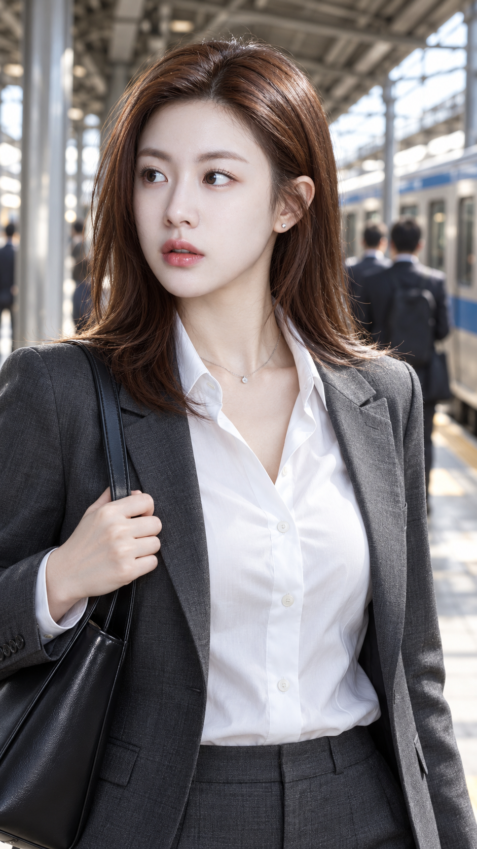 车站通勤中的成年女性肖像 — AI image creation