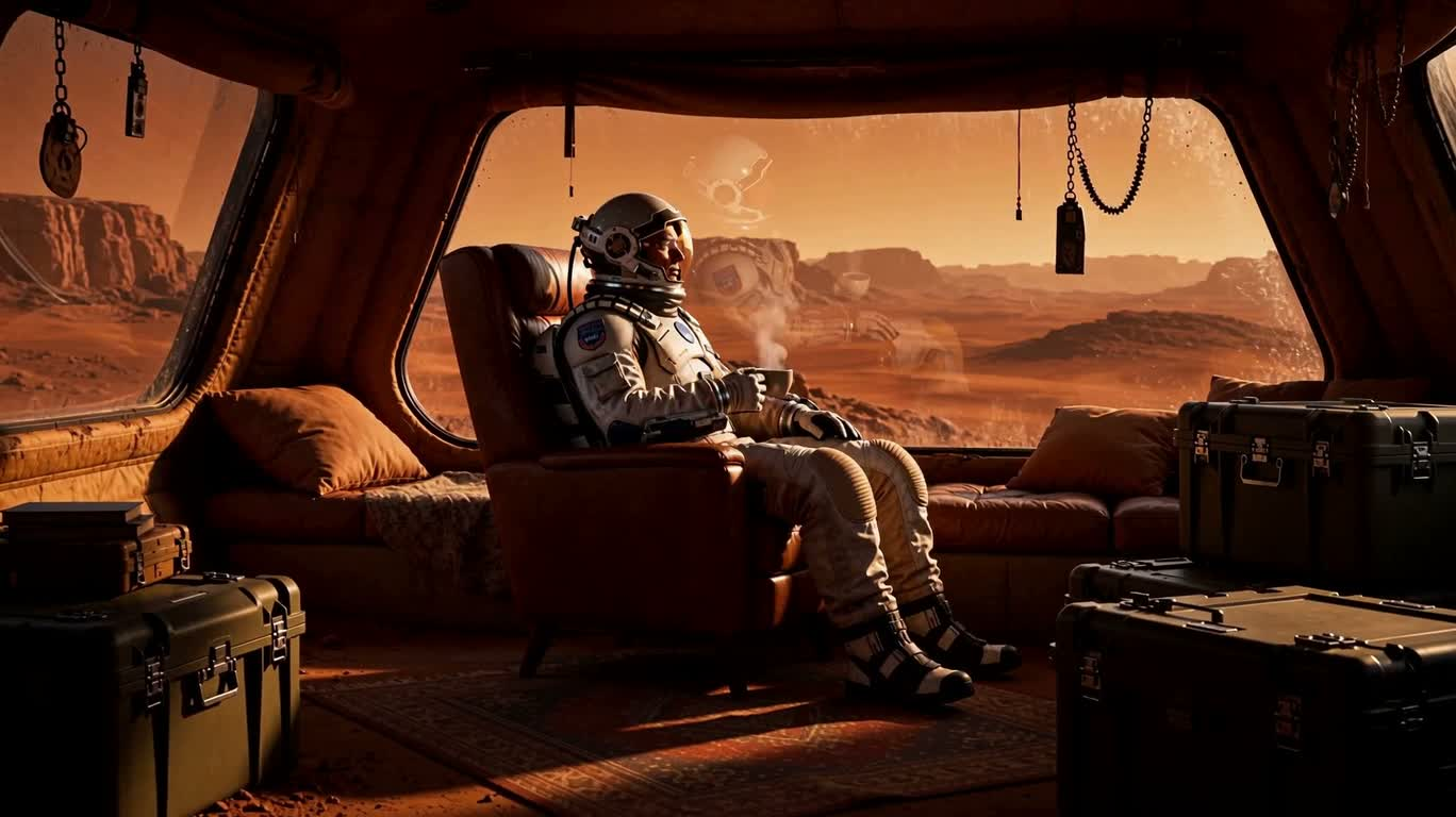 Astronaut's Coffee Time in a Martian Greenhouse