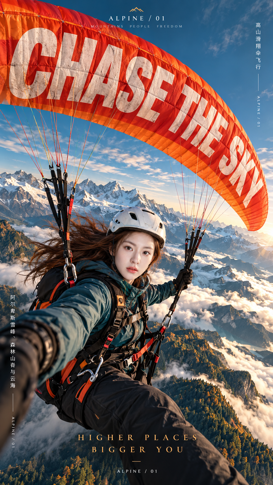 雲海を越えるパラグライダー 環境融合型巨大タイポグラフィポスター — AI image creation