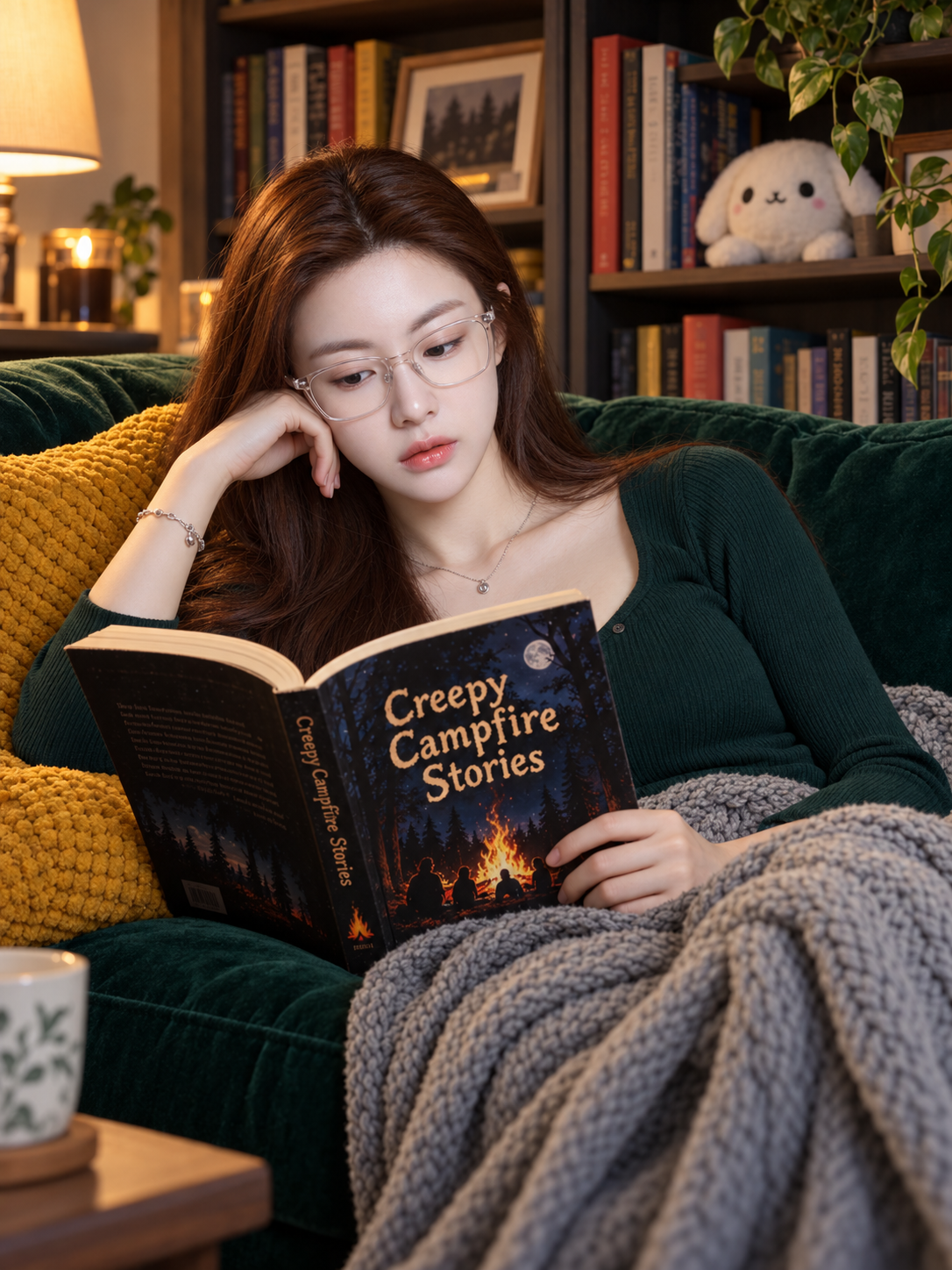 深翡翠绿沙发上阅读《Creepy Campfire Stories》的成年女性 — AI image creation
