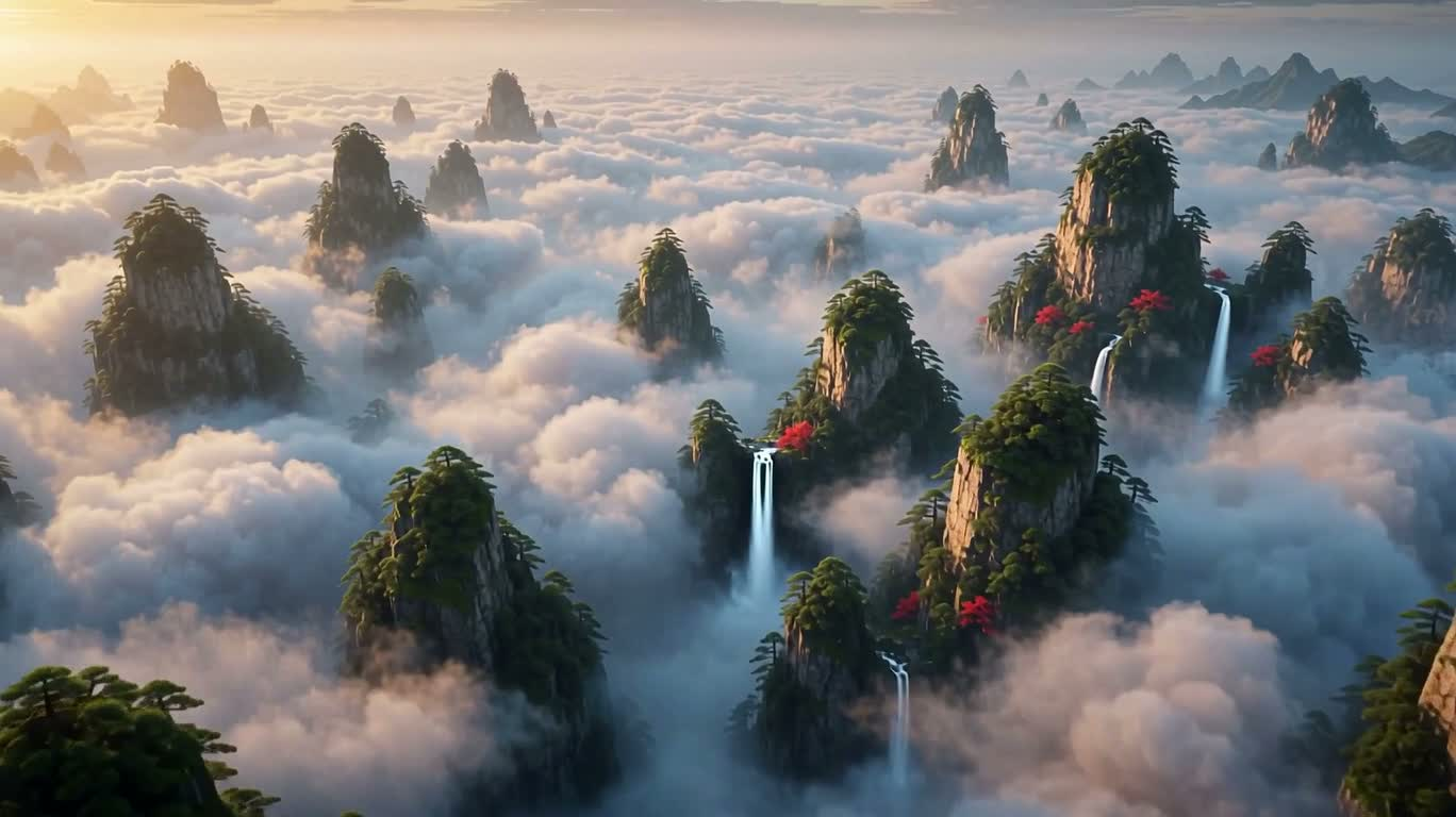 云海仙山与 cranes 的晨曦幻境