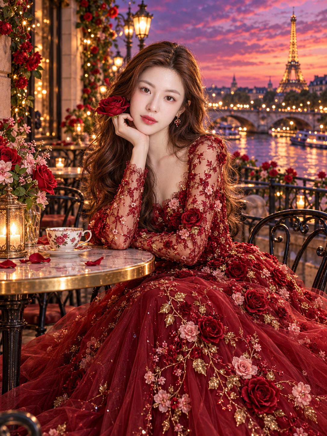 塞纳河畔薄暮玫瑰礼服奇幻人像 — AI image creation