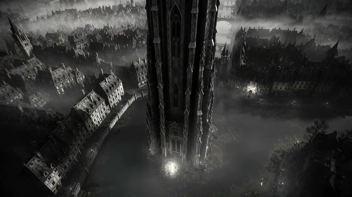 白黒の天空にそびえるゴシックの孤塔 — AI video creation