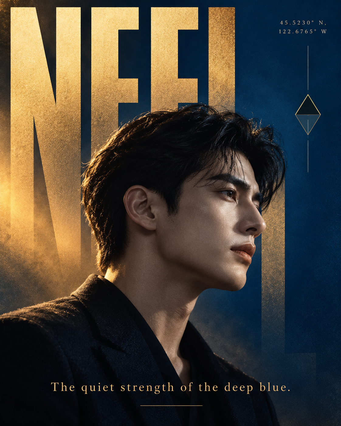 现代奢华蓝金光影人像排版海报 — AI image creation