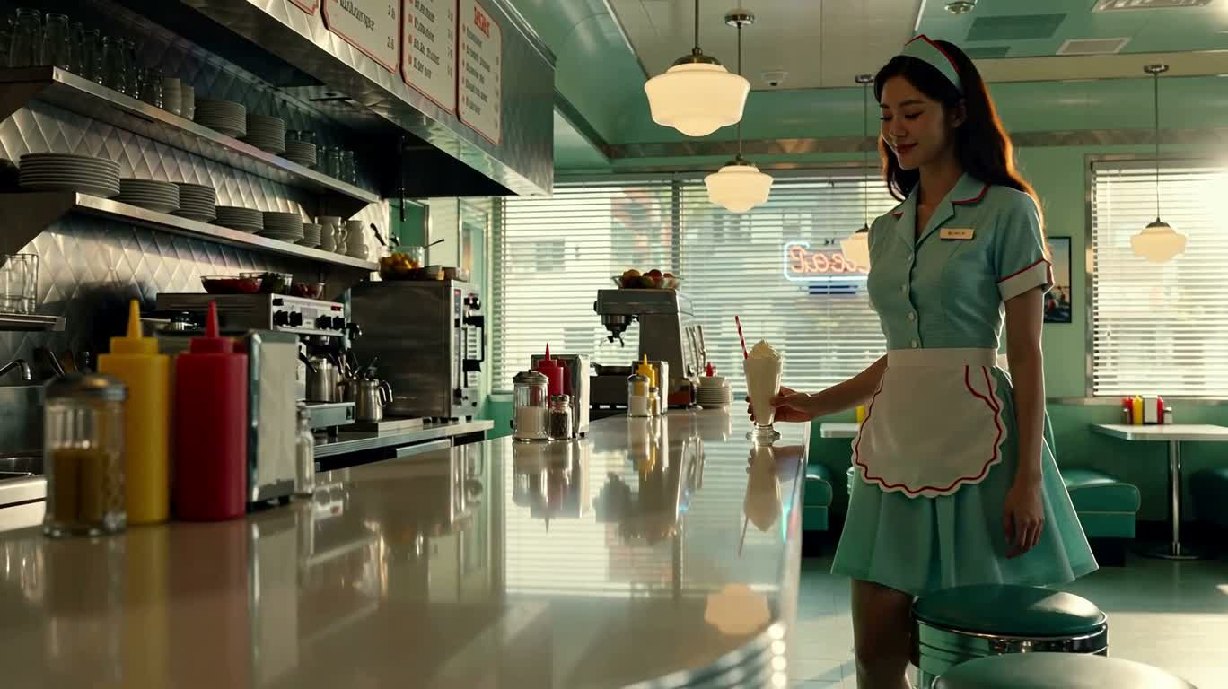 复古薄荷色餐厅奶昔滑行 — AI video creation