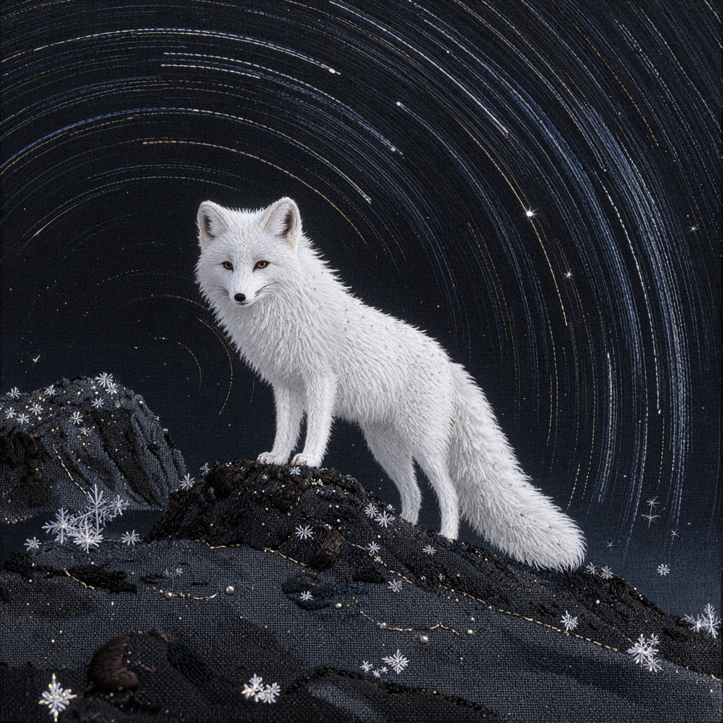 별궤적 아래의 눈여우 · 자수 직물 — AI image creation