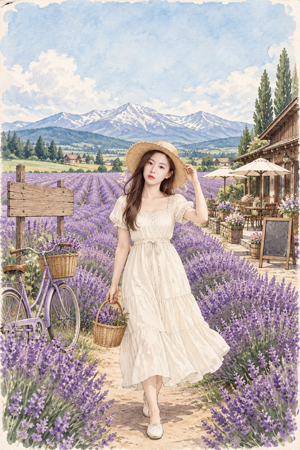 富良野薰衣草田的复古水彩旅行海报 — AI image creation