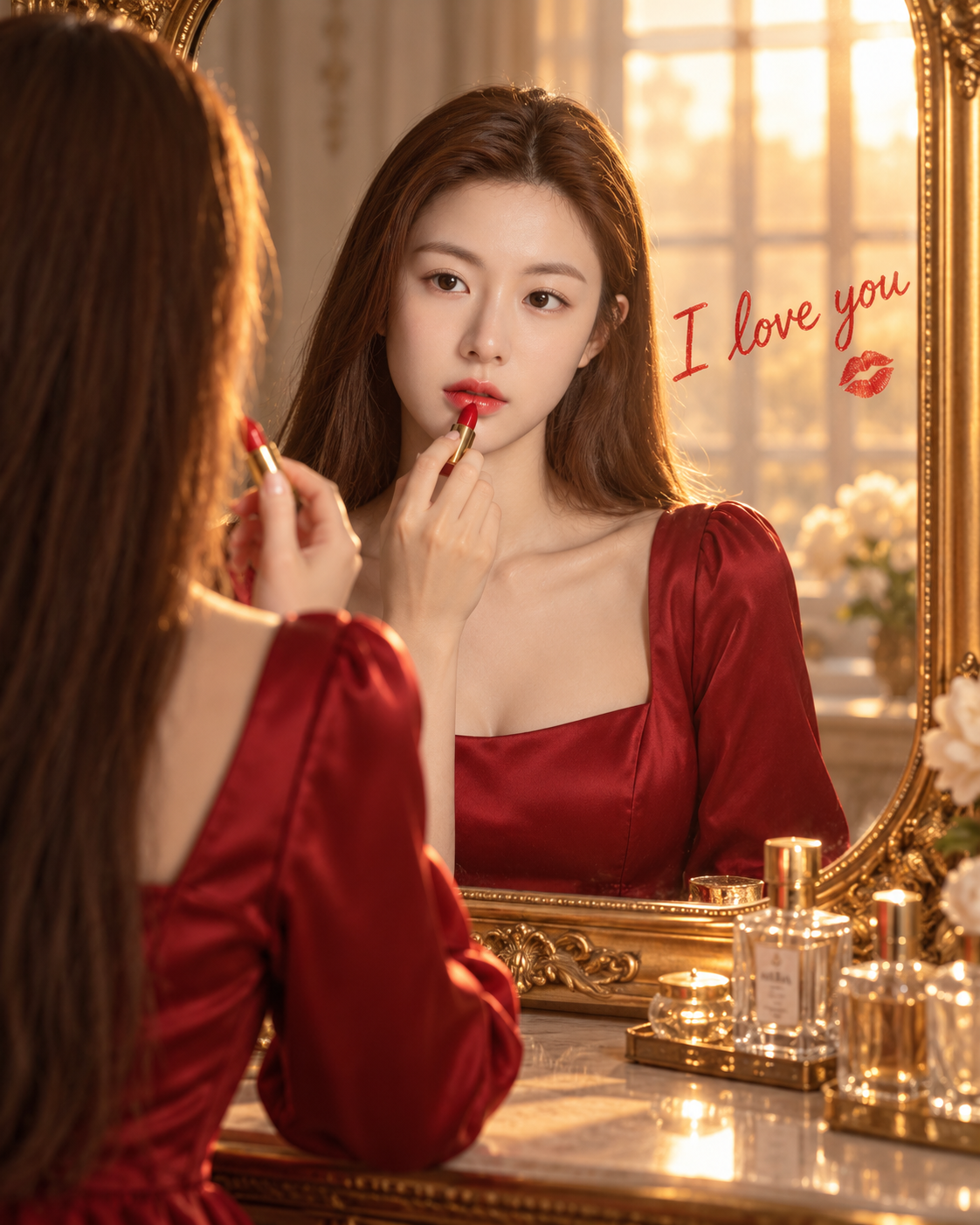 成年女性梳妆镜前的暖光唇膏情书肖像 — AI image creation