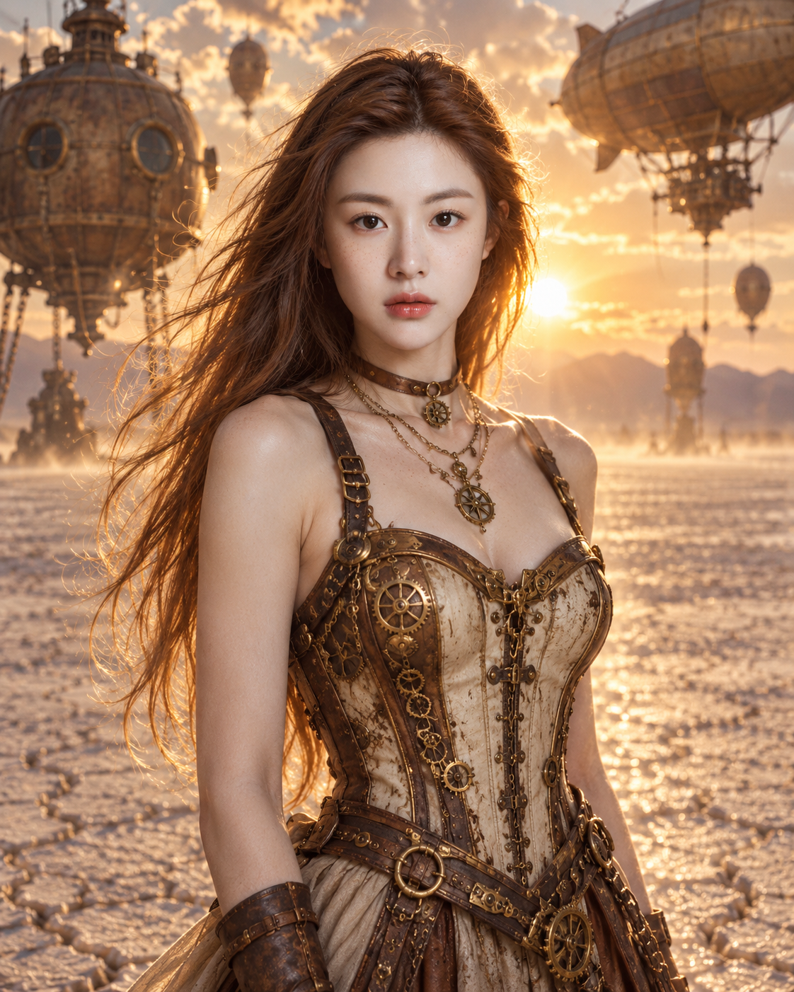 落日盐滩上的蒸汽朋克奇幻肖像 — AI image creation
