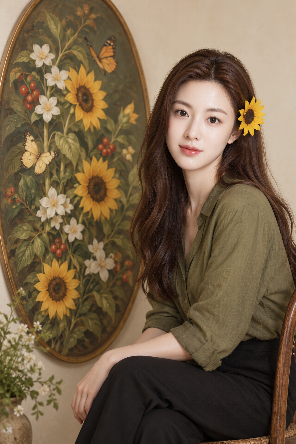 侧倚向日葵墙绘的暖调温婉人像 — AI image creation