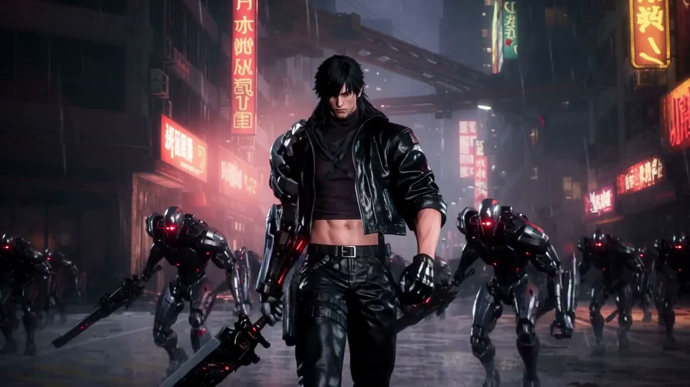霓虹雨夜的机械臂剑士连击 — AI video creation