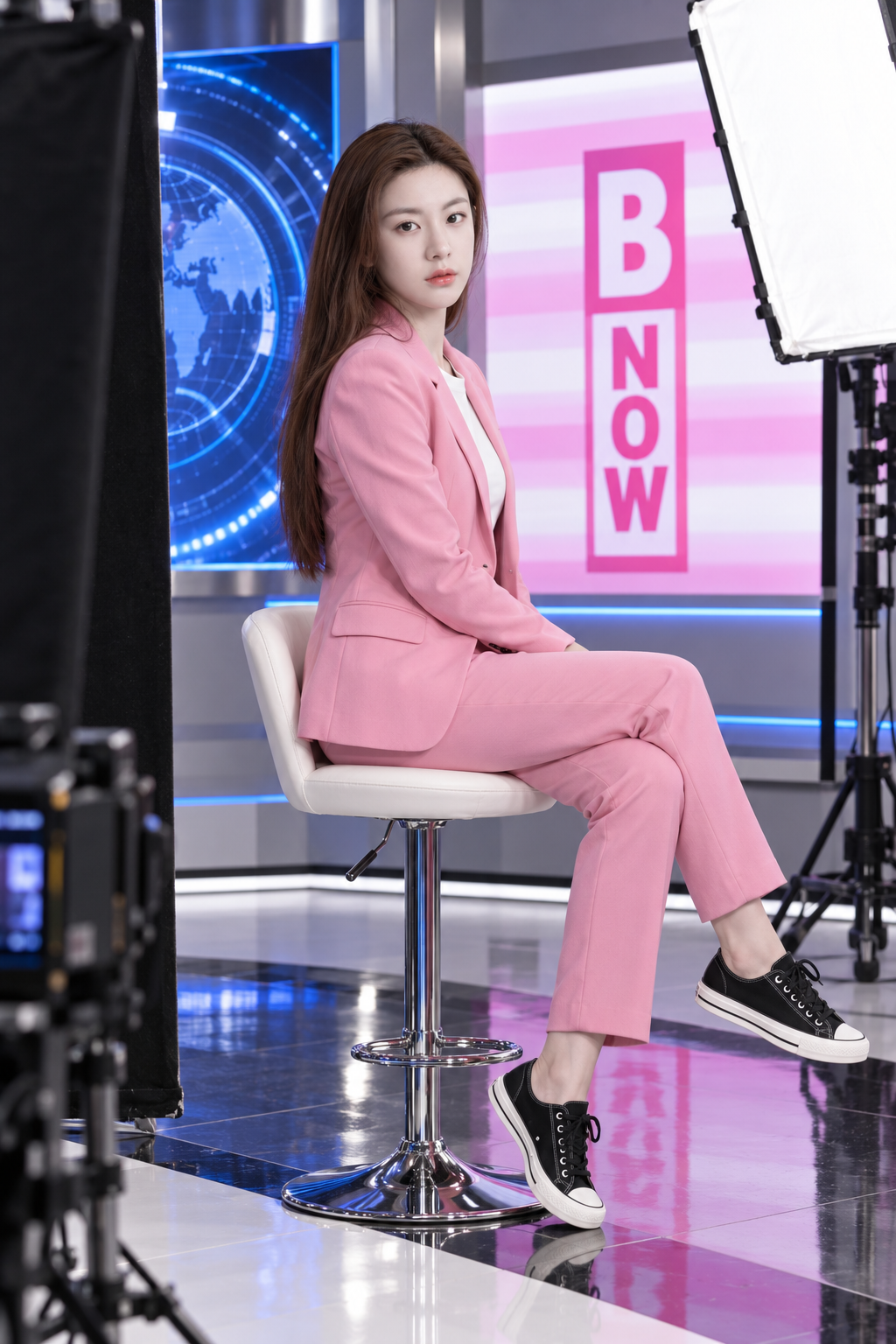 TV 뉴스 스튜디오의 비하인드 초상
