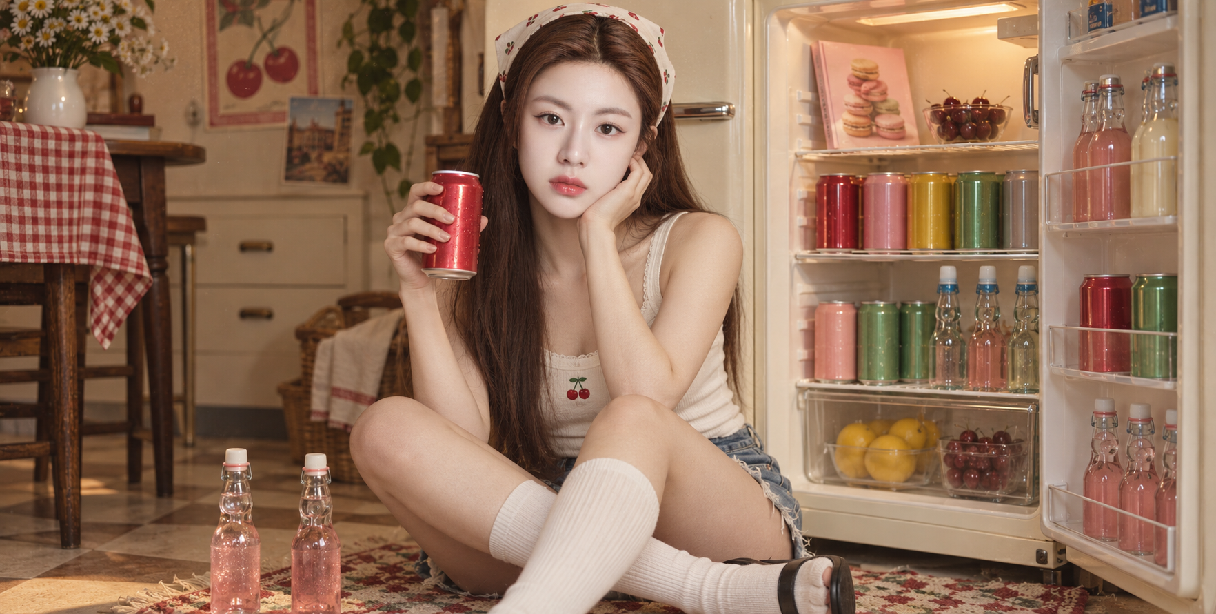 레트로 냉장고 옆에서 음료를 든 성인 여성 초상