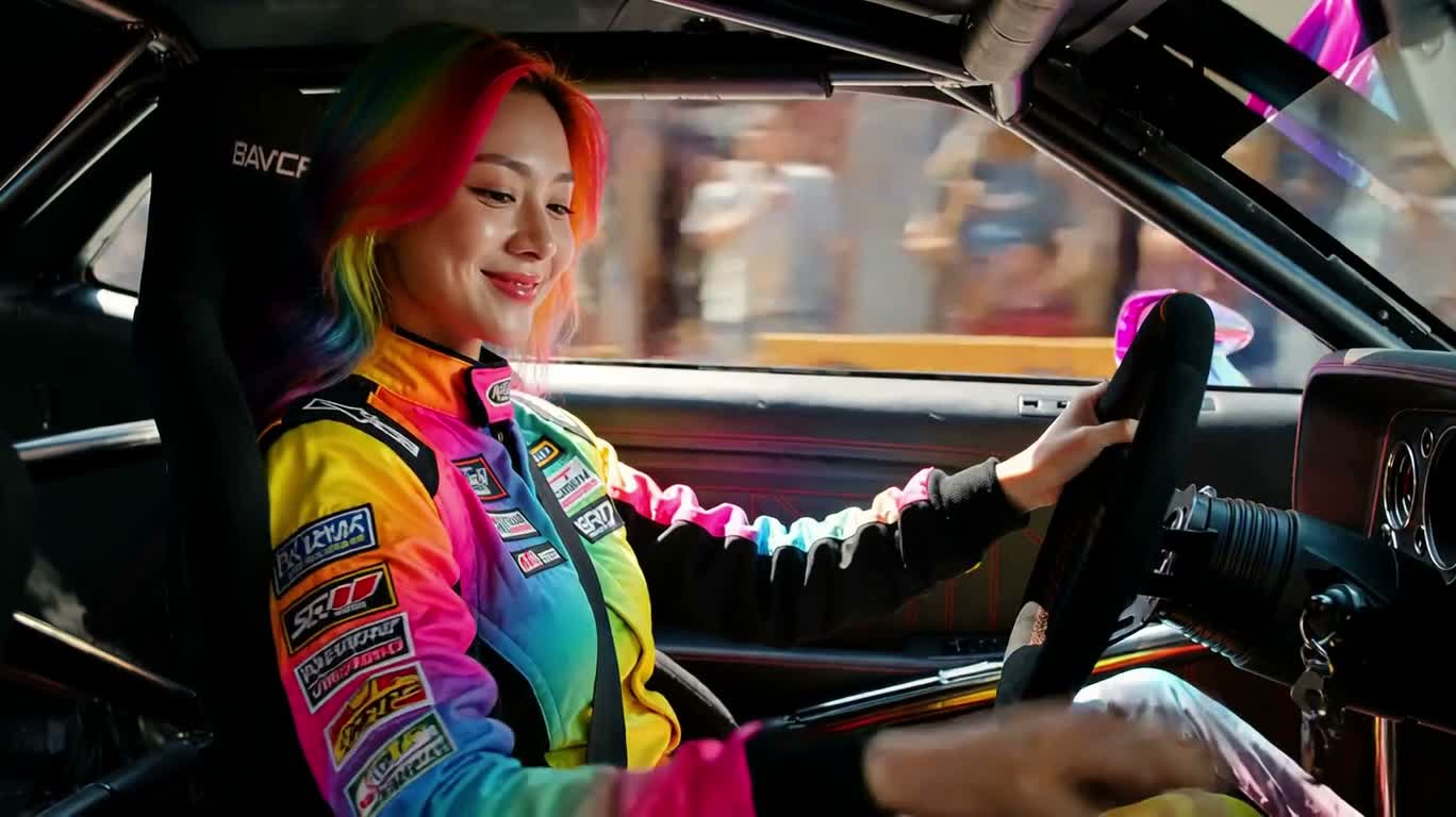 Nữ tay đua đường đua nhào lộn neon — AI video creation