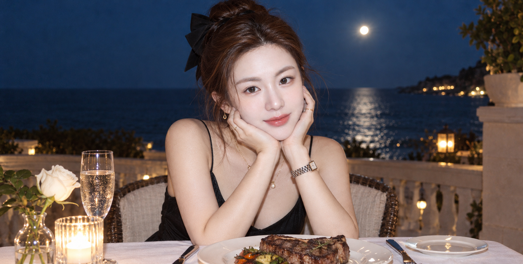 해변 테라스의 빈티지 플래시 저녁 식사 인물 사진