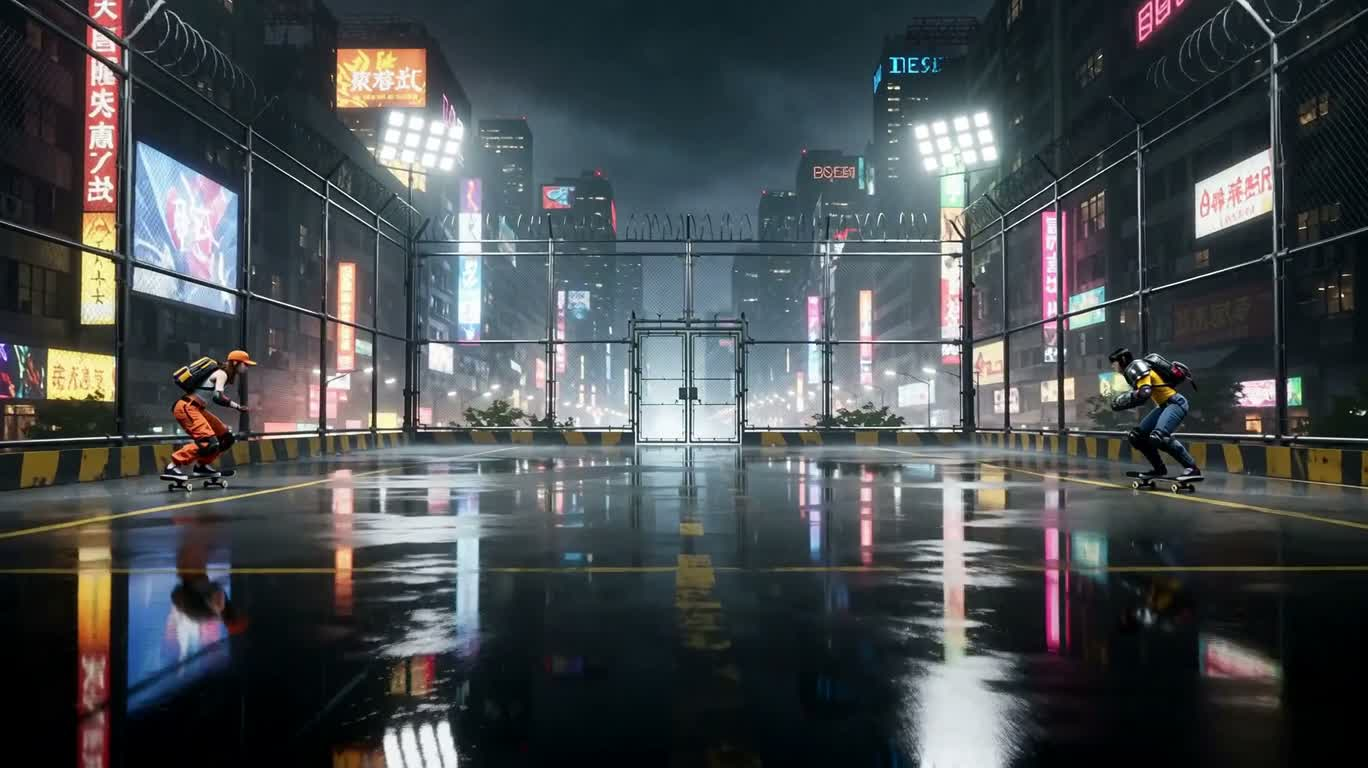 Neon Cage Skate Showdown — AI video creation