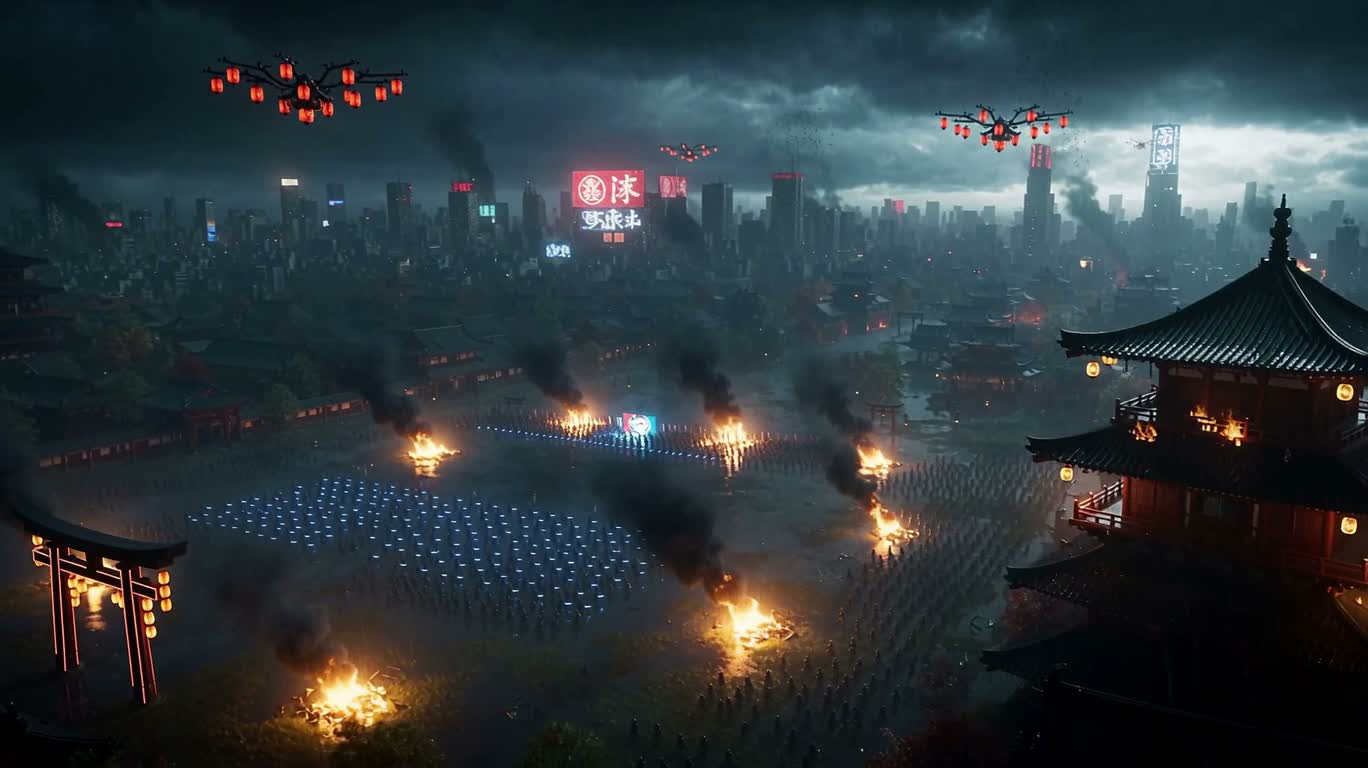 霓虹雷雨中的赛博武士决战 — AI video creation