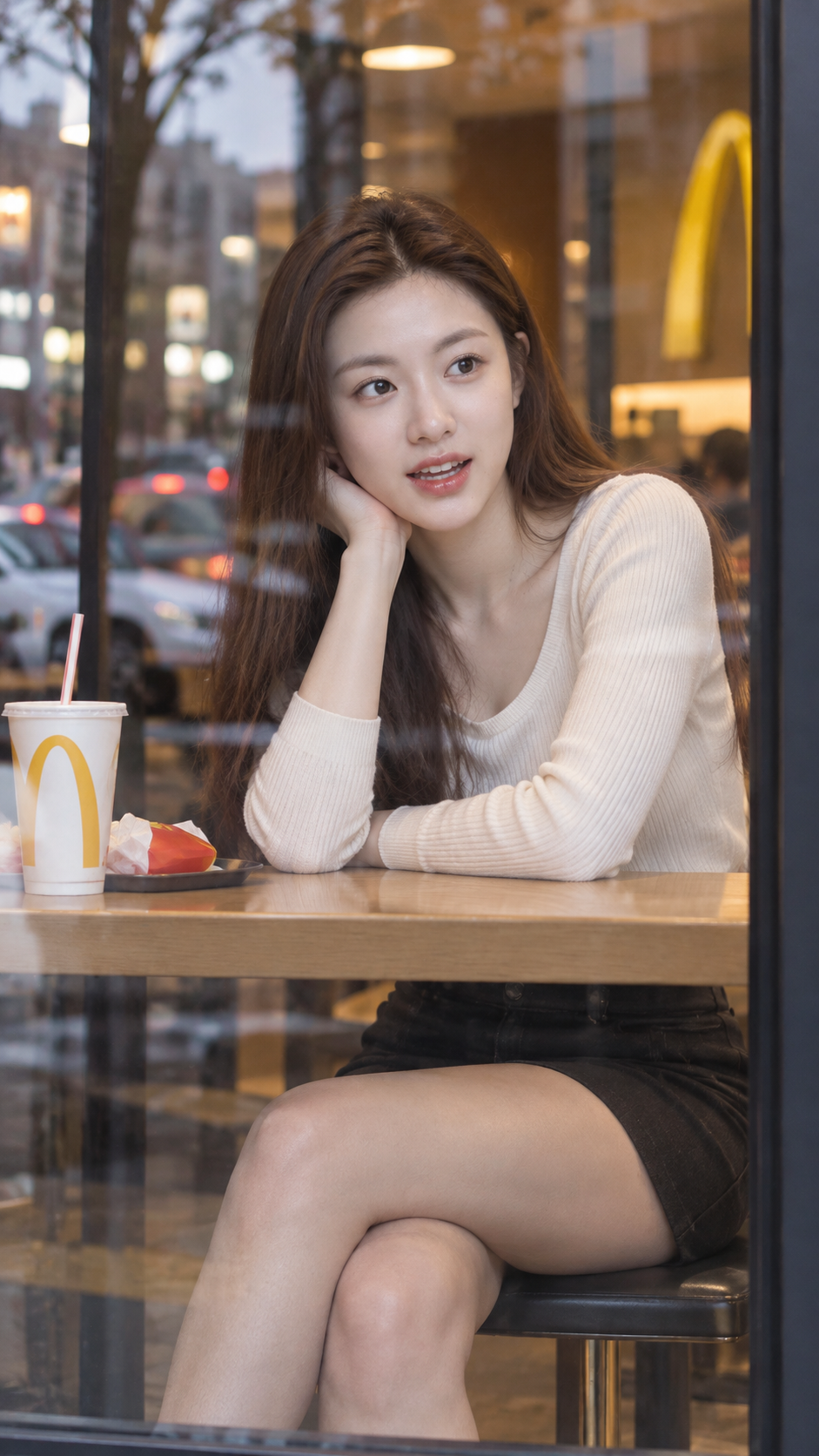 マクドナルドの窓辺にいる成人女性のストリートスナップ