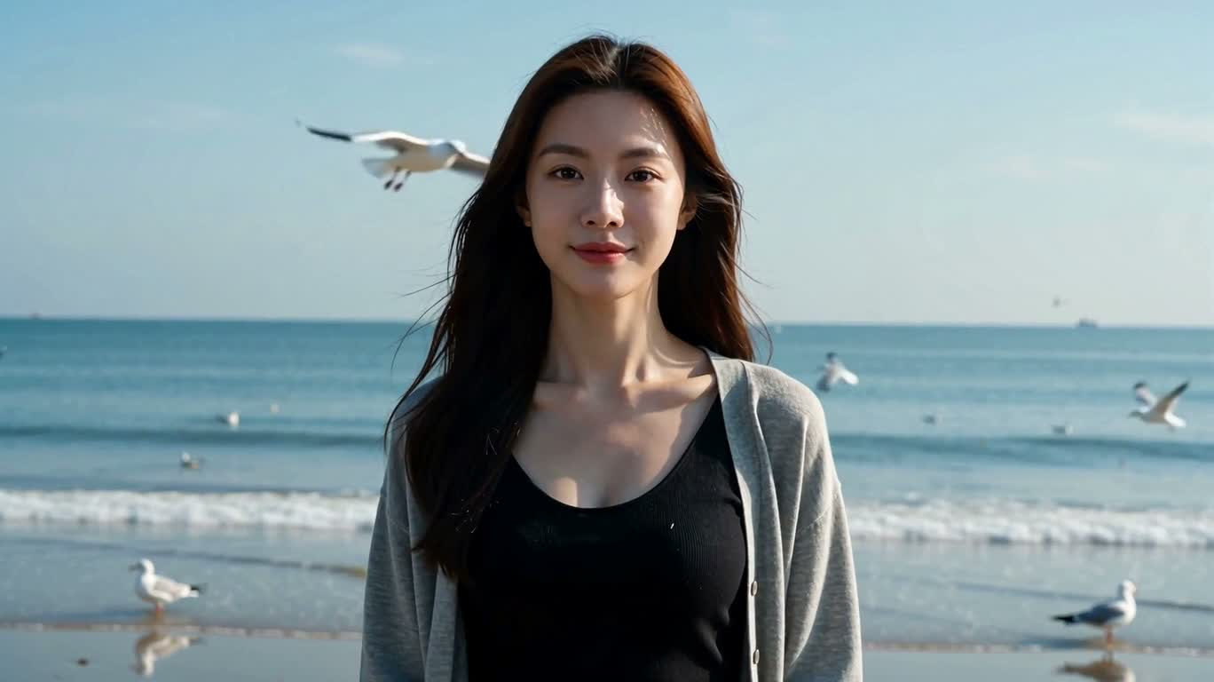阳光海滩上的微笑凝视 — AI video creation