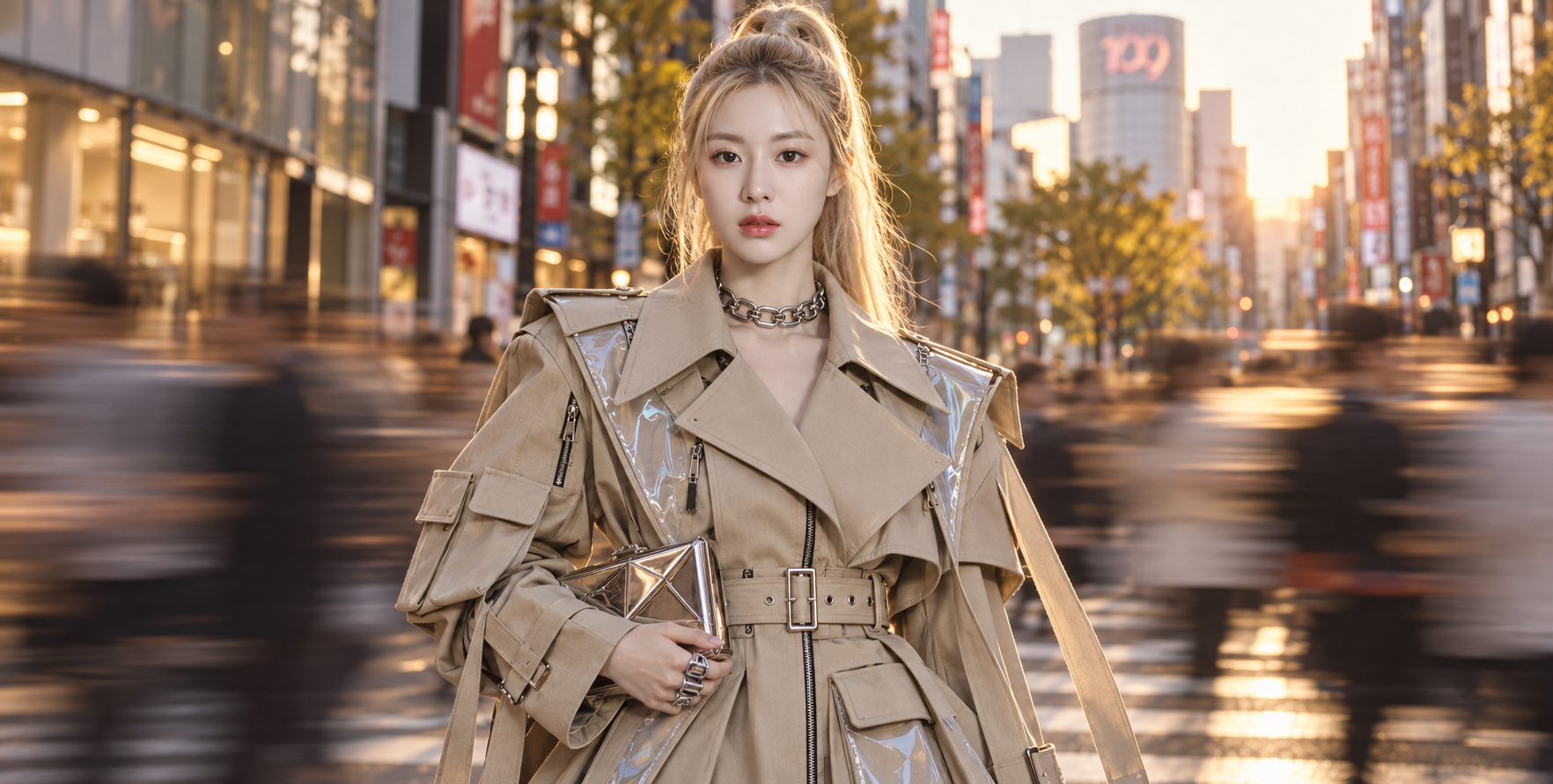 东京流光街景中的前卫风衣造型成年女性 — AI image creation