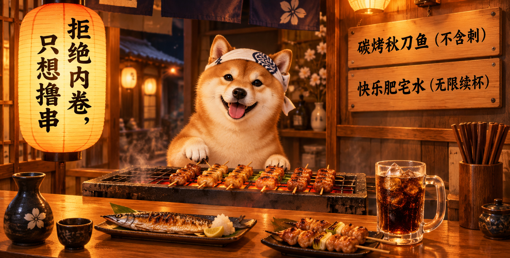 Le shiba grillant des brochettes dans un izakaya chaleureux