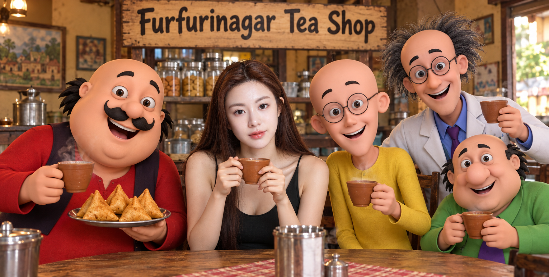 茶铺里与动画朋友共享茶点 — AI image creation