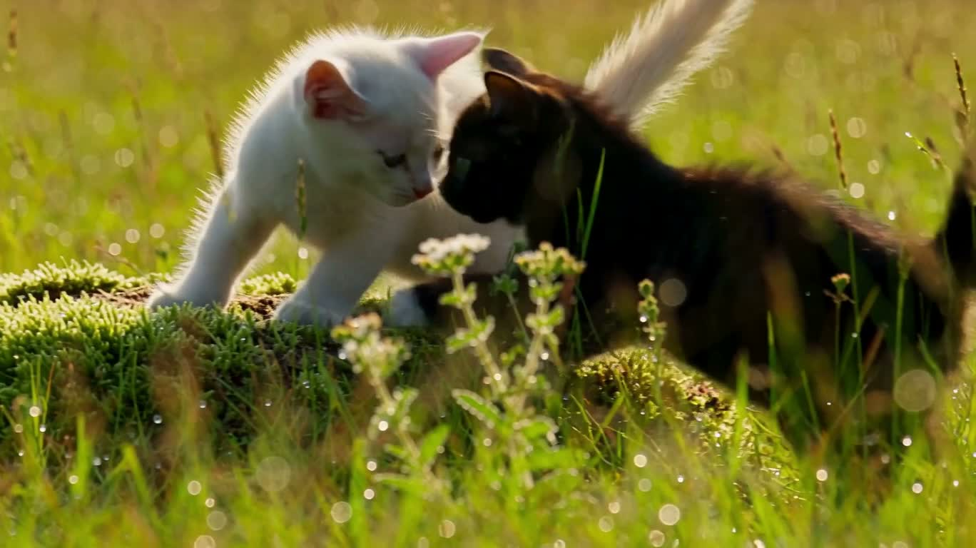 晨光草甸的双猫嬉戏 — AI video creation