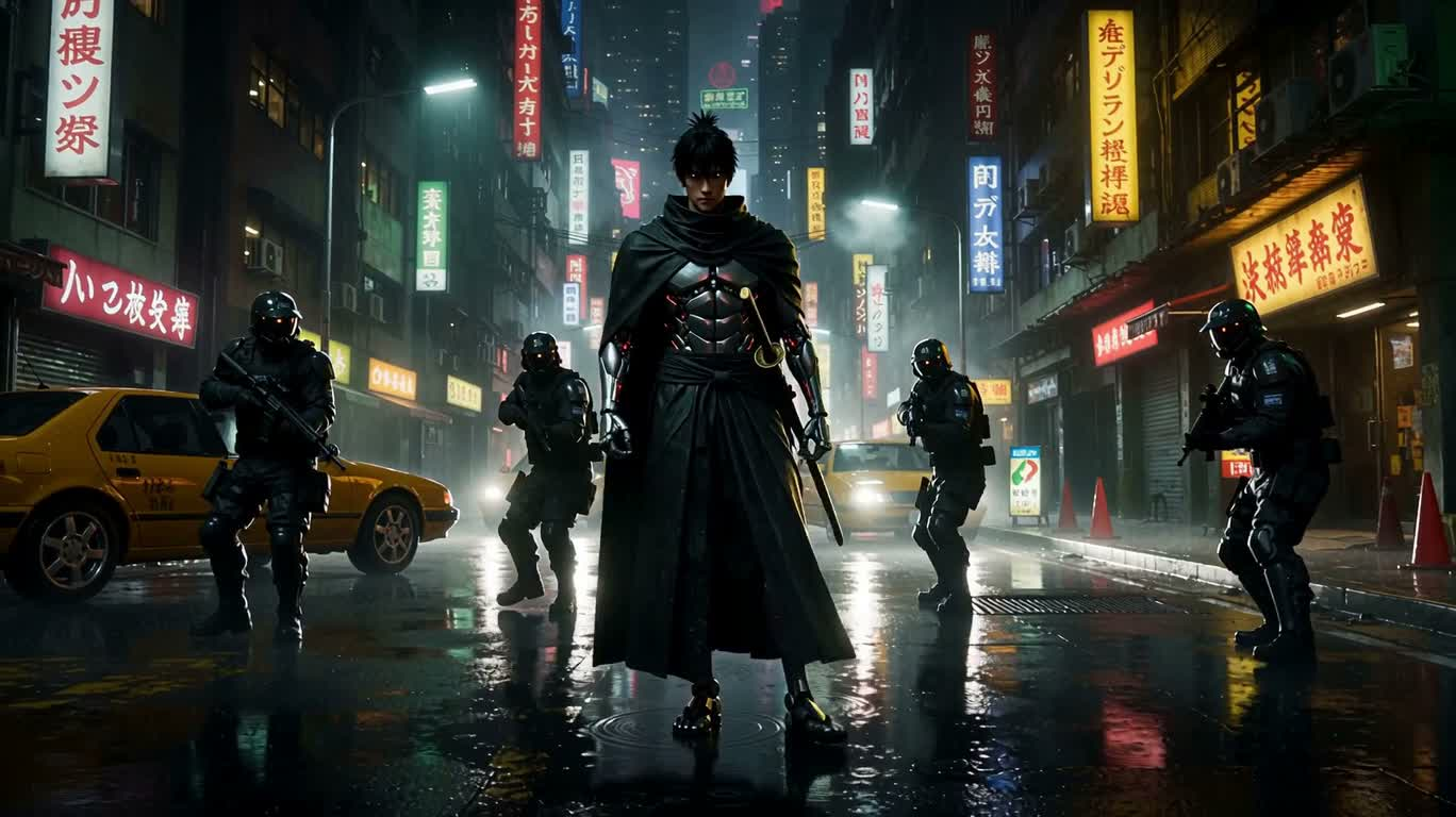 霓虹雨巷:KAGE的蓝刃突围 — AI video creation