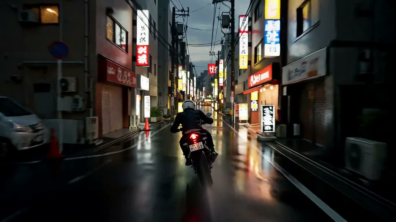 雨夜骑行穿越大阪街巷 — AI video creation