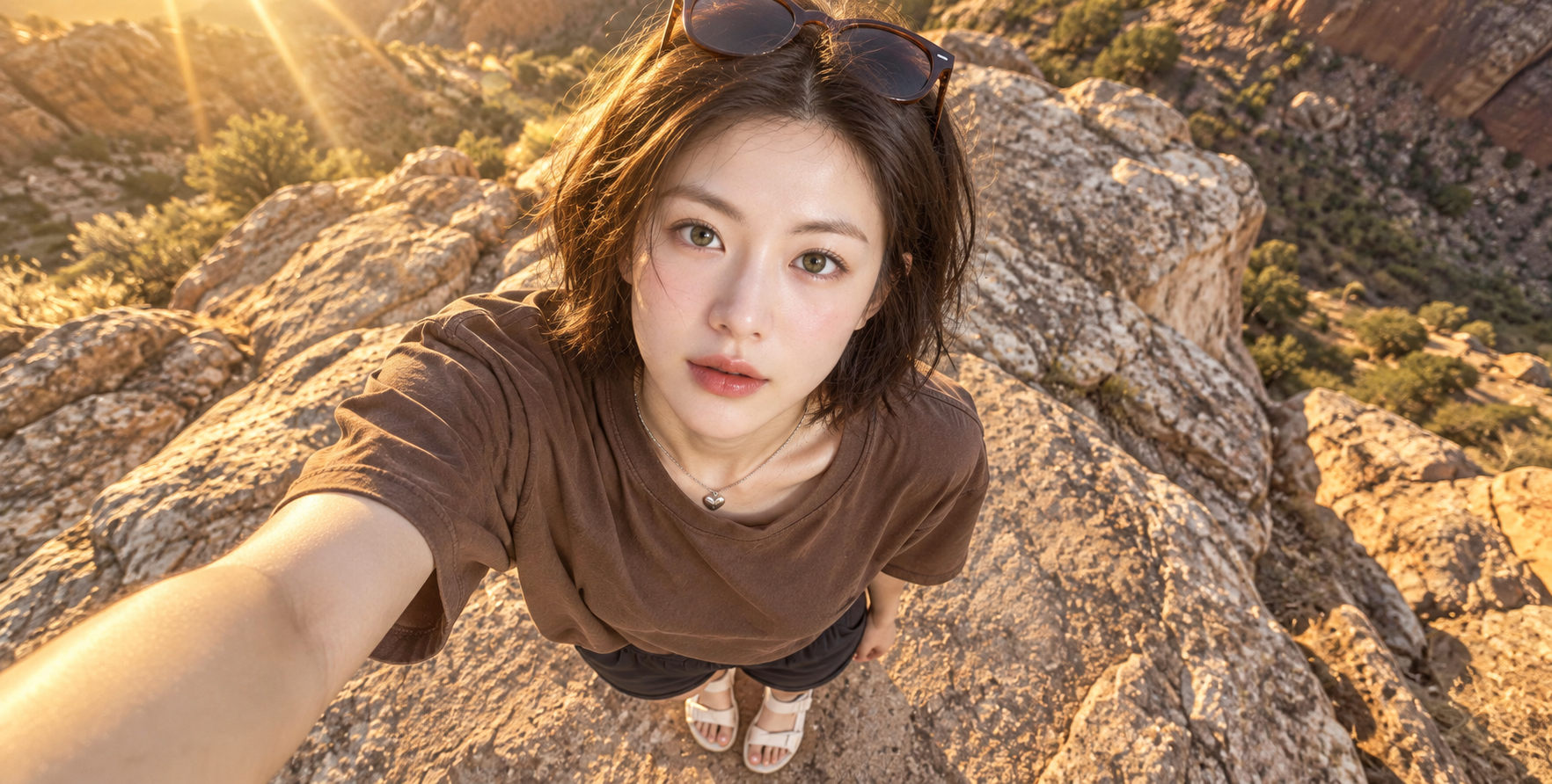峡谷黄金时刻高角度俯拍成年女性 — AI image creation