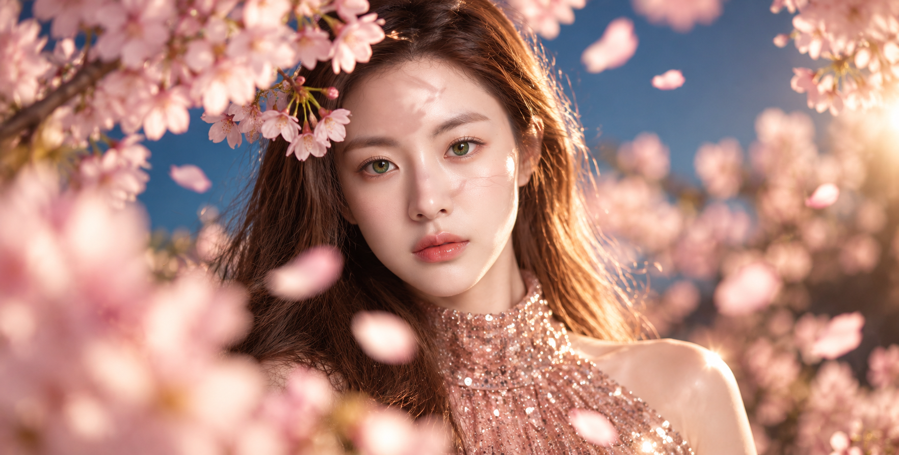粉红花影掩映下的绿眸少女电影感人像 — AI image creation
