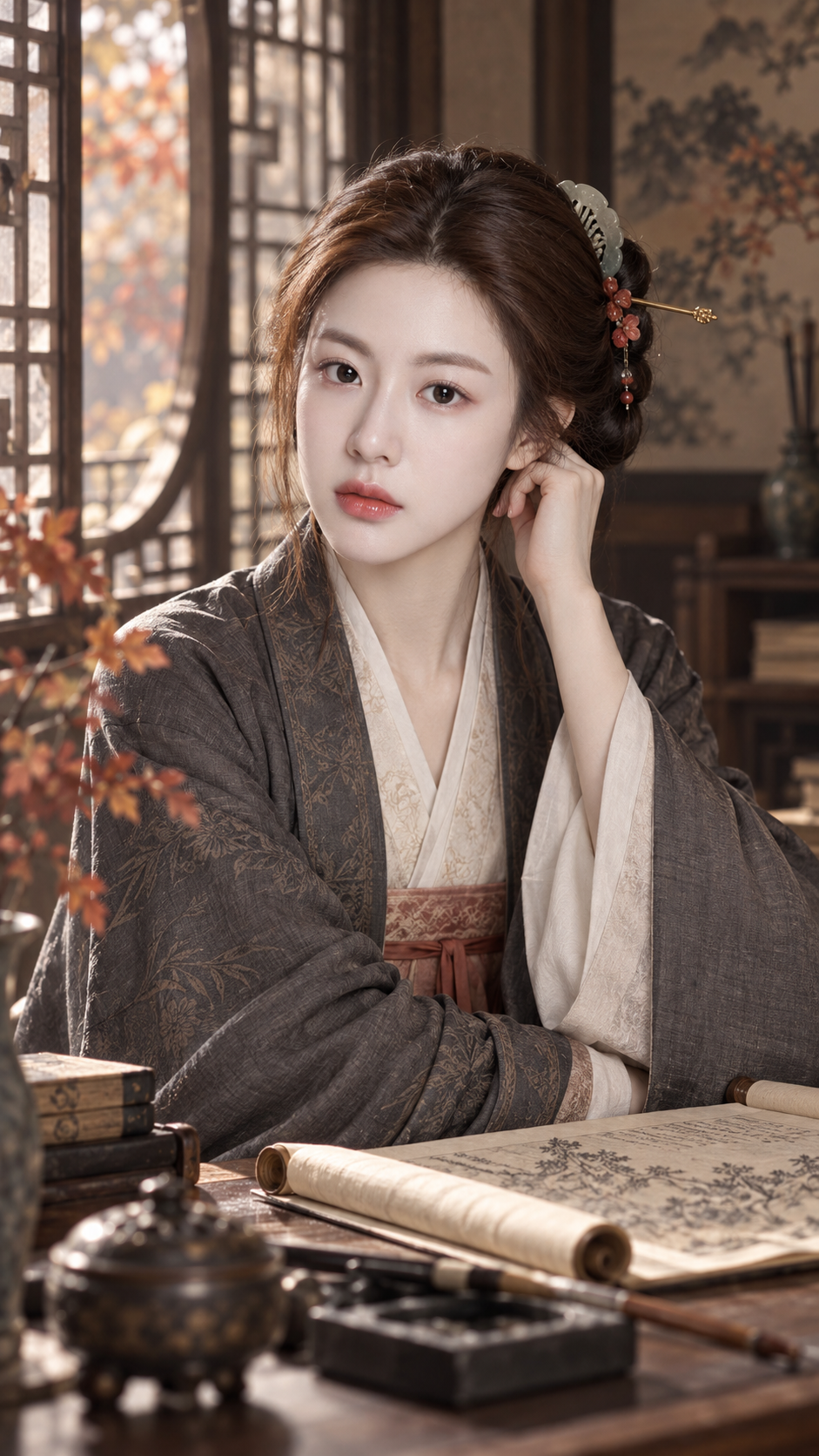 가을 벼루와 연지 화장의 송대 서권 인물화 — AI image creation