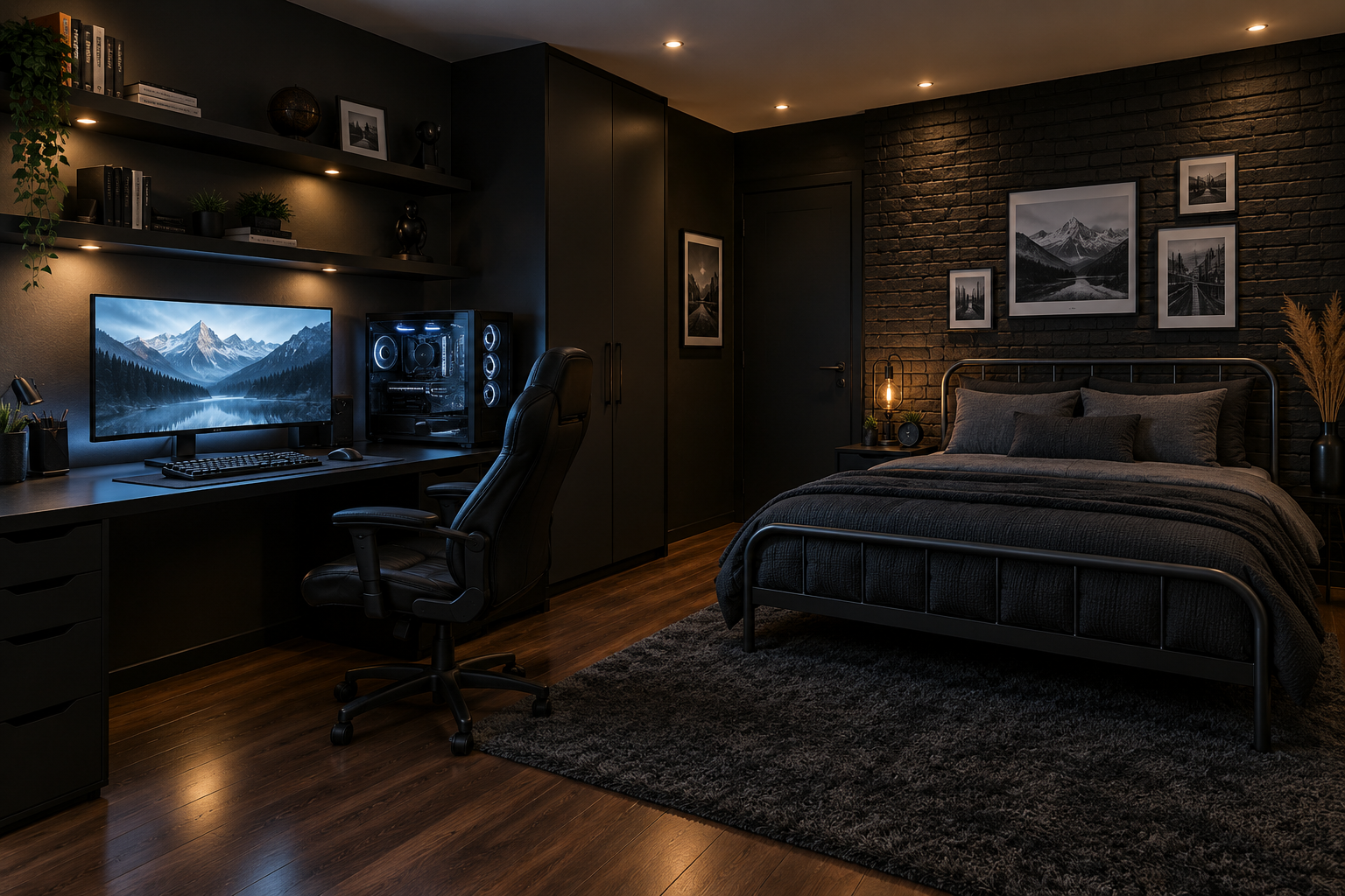 暗黑系现代电竞卧室与工作区 — AI image creation