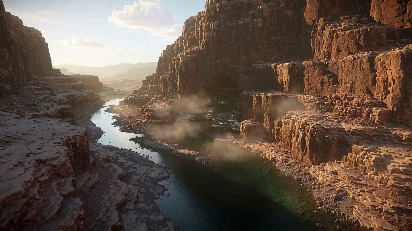 峡谷晨雾中的科幻基地 — AI video creation