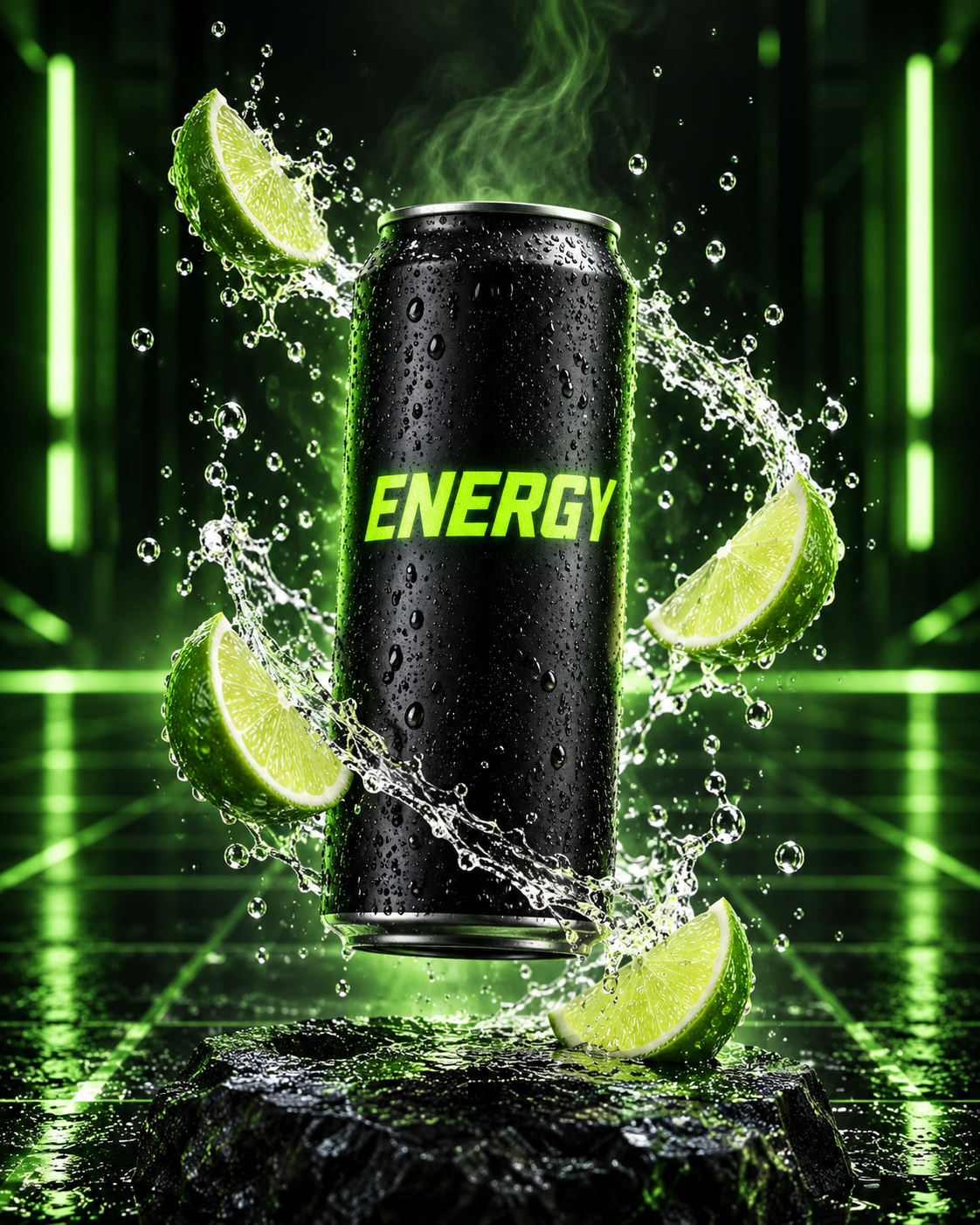 赛博霓虹背景中的悬浮青柠能量饮料罐 — AI image creation