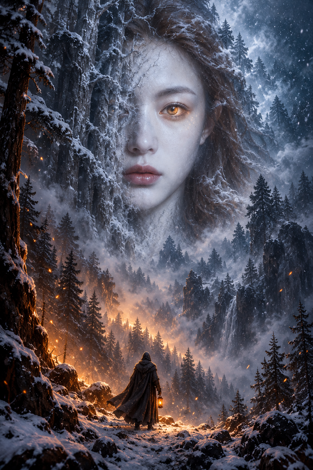 冰封森林中的金色魔眼与火冰幻境 — AI image creation