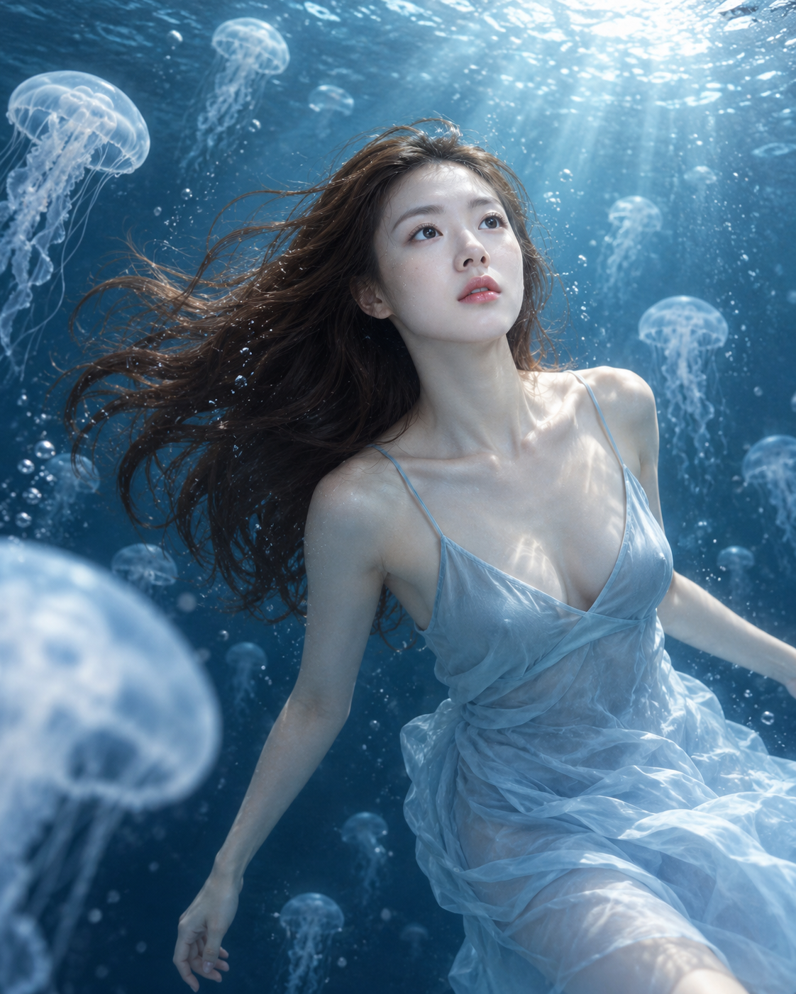 静谧水下漂浮东亚成年女性电影感肖像
