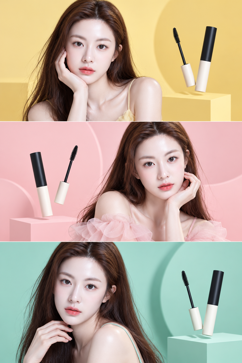 日系高端美妆三色拼贴时尚大片 — AI image creation